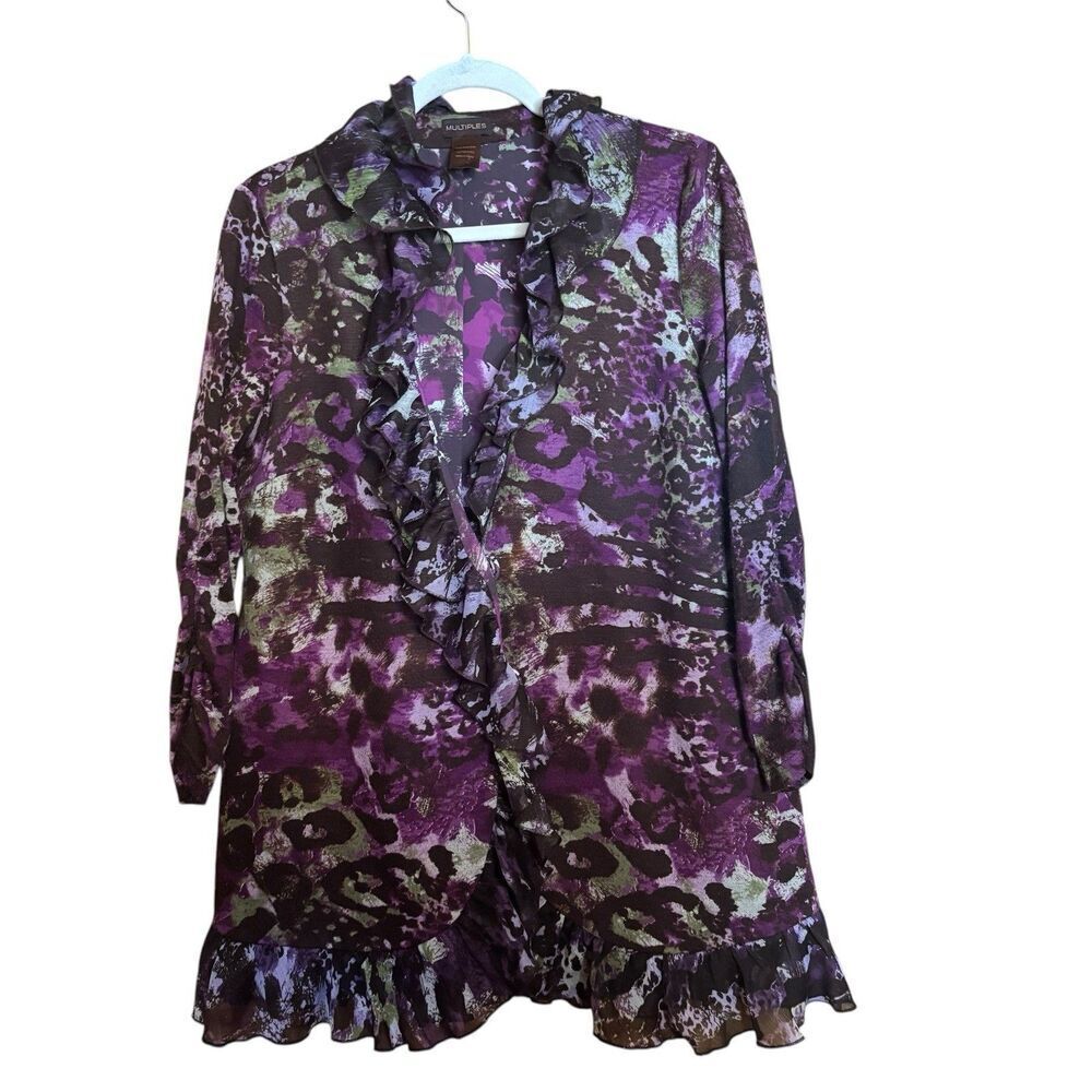 Multiples Cardigan Women Large Purple Multicolor Art To Wear Ruffle Boho Sweater